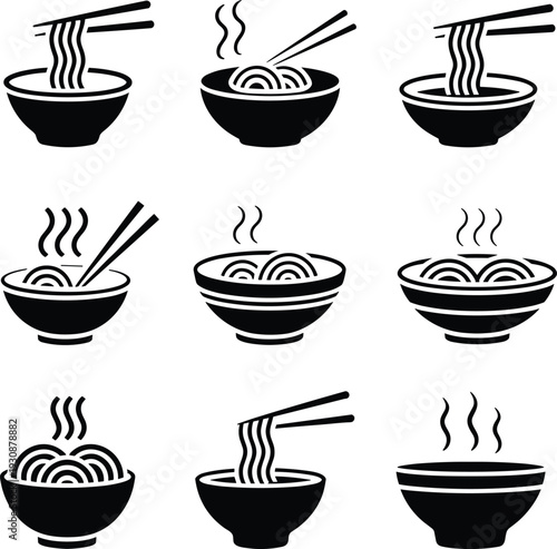 Asian Noodle Bowl Icon Set, Hot Ramen and Udon Soup Silhouettes, Chopsticks with Steaming Noodles, Japanese Cuisine and Restaurant Menu Design Vector Illustration