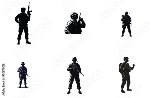 Soldier Silhouette Set Military Poses Vector Illustration