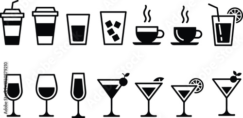 Collection of Drink Icons, Coffee Cup, Hot Tea, Martini Glass, Wine Goblet, Juice with Straw, Champagne Flute, Bar and Cafe Beverage Symbols for Menu Design