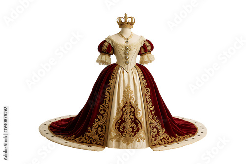 Elegant renaissance gown with a golden crown detailed embroidery on transparent background