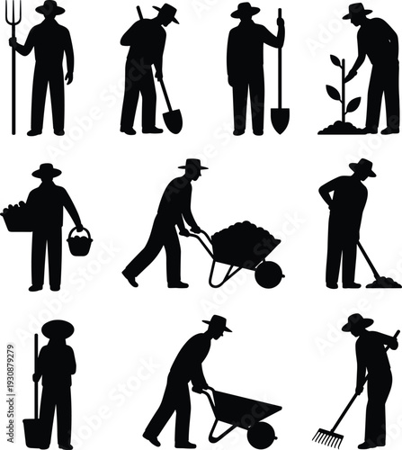 Farmer Silhouettes Set, Gardener Working with Shovel, Rake, and Wheelbarrow, Agricultural Workers Icons for Farming, Harvesting, Gardening, and Rural Life Vector Design