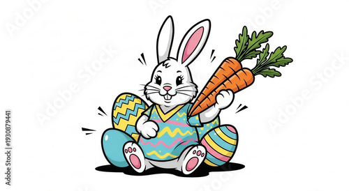 Easter Bunny holding carrots and sitting among decorated eggs  