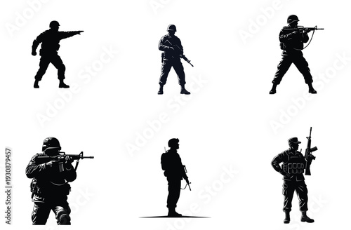 Soldier Silhouettes Collection Black and White Vector Illustration