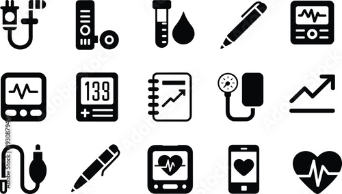 Medical healthcare icons set, cardiology monitoring equipment symbols, hospital devices collection, heart rate diagnostics vector illustration isolated on white background flat design