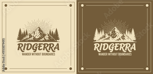 Mountain landscape badges with 'Ridgerra' emblem, featuring trees and wilderness theme in earthy tones, presented in a vintage style on beige and brown backgrounds from a straightforward viewpoint