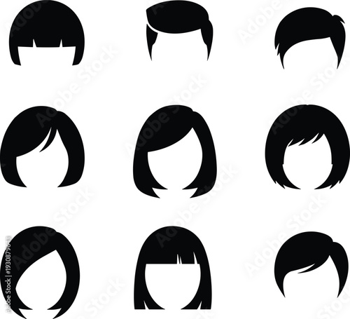 Set of Hair Style Icons, Male and Female Haircuts, Salon Barbershop Silhouettes, Trendy Hairstyles for Men and Women, Hair Design Fashion Icons for Beauty App