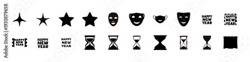 Stars, Masks and Hourglass Icon Collection - Black silhouette set featuring star shapes, theatrical masks, hourglasses and abstract square patterns arranged as simple icons isolated on white backgroun