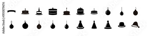Birthday Cakes and Party Hat Icon Collection - Black silhouette set featuring birthday cakes, candles, party hats and hanging ornaments arranged as simple icons isolated on white background.