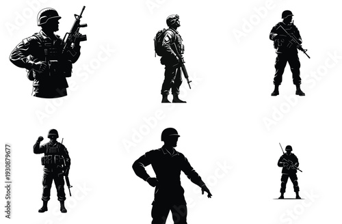 Soldier Silhouettes Collection Black and White Vector Illustration