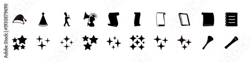 Star Sparkle and Celebration Icon Collection - Black silhouette set featuring stars, sparkles, party hats, flags and decorative elements arranged as simple icons isolated on white background.