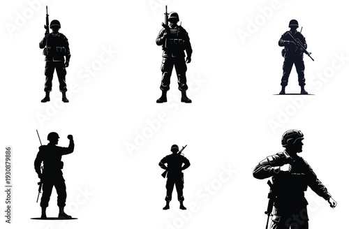 Soldier Silhouettes Collection Black White Vector Illustration