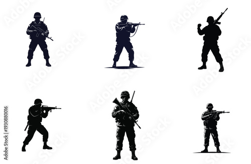 Soldier Silhouettes Collection Military Poses Vector Illustration