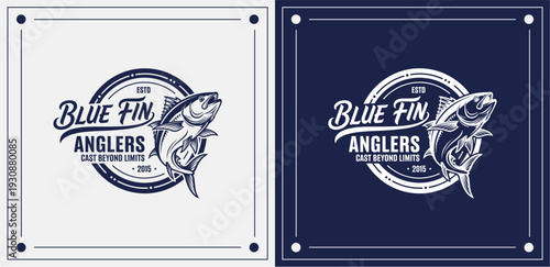 Vintage Fishing Club Logos Featuring Blue Fin Anglers and Fish on Two Different Backgrounds
