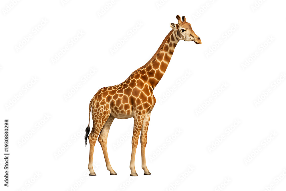 Obraz premium Isolated giraffe side view with detailed spots and long neck on transparent background