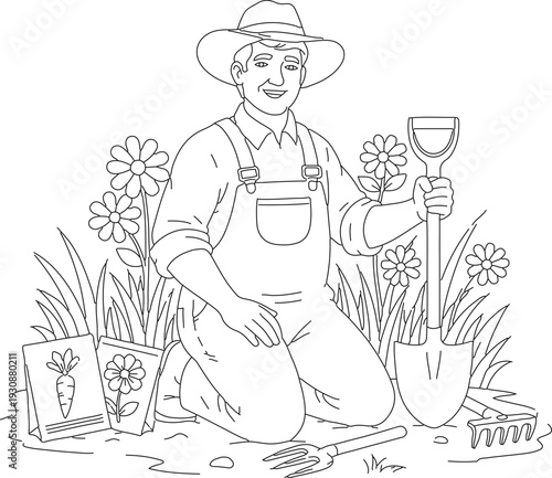 Gardener Man with Shovel and Seed Packets Vector Illustration