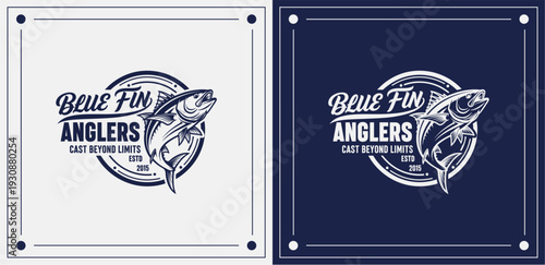 Fishing Anglers Logo Design with Blue Fin Tuna Illustration on Dual Backgrounds