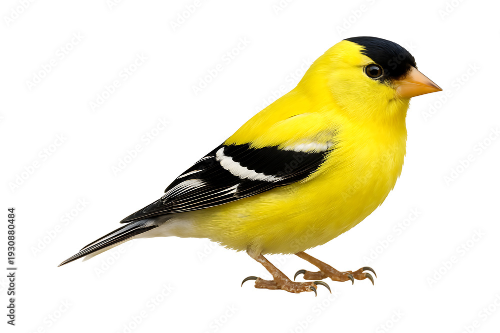 Obraz premium Detailed portrait of a vibrant yellow american goldfinch bird on transparent background