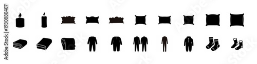 Home Furniture and Family Silhouette Icon Set - Black silhouette collection featuring pillows, bottles, books and family figures arranged as simple icons isolated on white background.