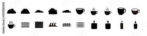 Coffee Cups and Food Icon Set - Black silhouette collection of coffee cups, desserts, cake slices and bottles arranged as simple icons isolated on white background.