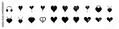 Black Heart Variations and Romantic Icon Set - Collection of black heart silhouettes including diamond hearts, cupid arrows and romantic symbols isolated on white background for love themes.