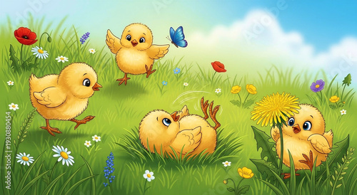 Baby chicks playing and exploring colorful flowers in a sunny meadow  