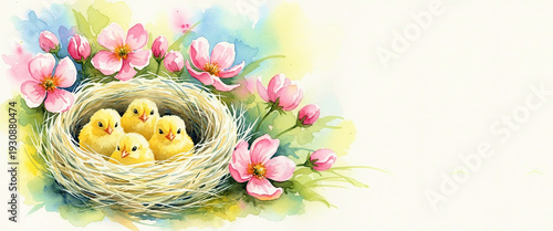 Baby chicks in a nest surrounded by flowers in a spring setting  