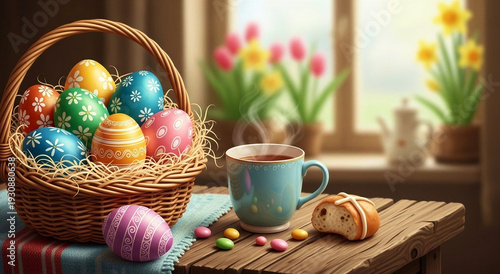 Easter basket with colorful eggs and tea cup on wooden table  