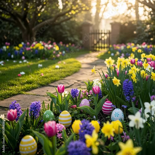 Vibrant spring garden with colorful Easter eggs nestled among blooming flowers along a winding path, a beautiful springtime outdoor scene.