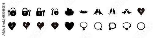 Wedding Rings and Heart Icon Collection - Black silhouette set of wedding rings, hearts, speech bubbles and celebration symbols isolated on white for romantic and event design.