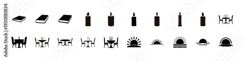 Restaurant Furniture and Tableware Icon Set- Black silhouette collection of restaurant furniture, bottles, plates and serving elements isolated on white background for hospitality and dining design.