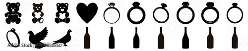 Black Wedding and Romance Icon Collection -
Silhouette set featuring wedding rings, champagne bottle, doves, teddy bears and romantic symbols isolated on white background.