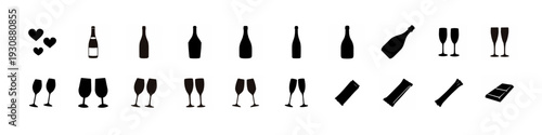 Black Wine Bottle and Glass Icon Collection -
Black silhouettes of wine bottles, glasses and corkscrews arranged as a clean icon collection for menus, branding and web design.