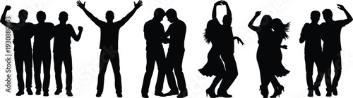Party dancing people silhouettes collection, men and women celebrating and dancing together, nightlife fun celebration vector illustration set