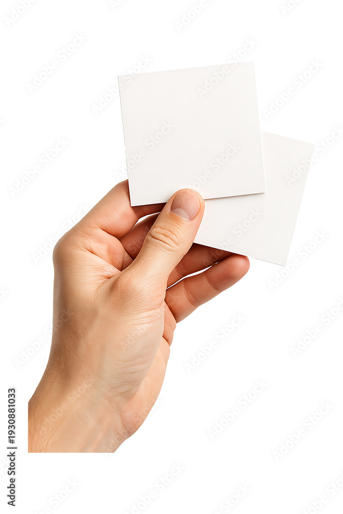 Obraz premium A hand holding two blank white squares perfect for mockups on transparent background