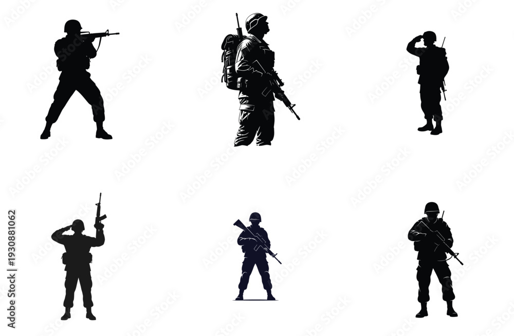 Fototapeta premium Soldier Silhouettes in Various Poses Vector Illustration