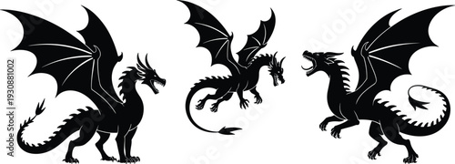 Black dragon silhouette collection featuring winged fantasy mythical creatures in dynamic flying and roaring poses isolated vector