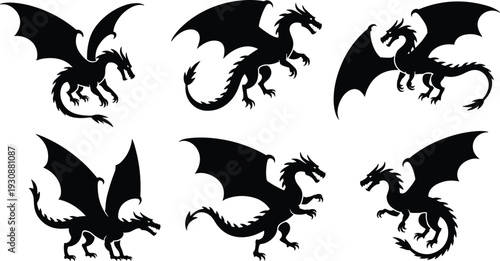 Dragon silhouette set featuring winged fantasy mythical creatures in fierce medieval poses isolated black vector illustration collection