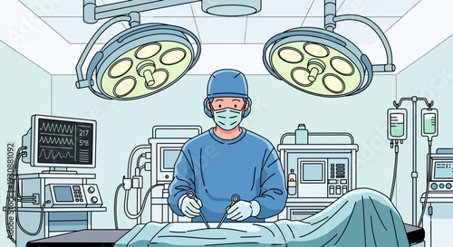 A surgeon in scrubs and a mask performs a delicate operation under bright surgical lights in a modern operating room.