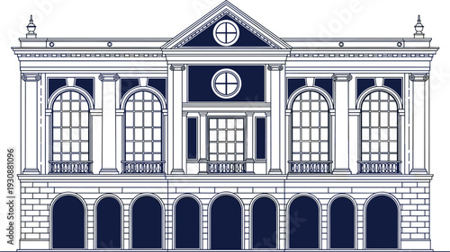"Neoclassical architecture facade illustration, symmetrical building design with ornate columns, arches, pediment, circular windows, historical architectural drawing"