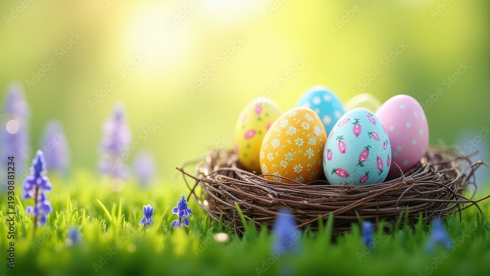 Fototapeta premium painted easter eggs resting in birds nest on green meadow with bluebells and bright sunlight blurred grass foreground spring landscape concept of greeting cards floristry tourism advertising
