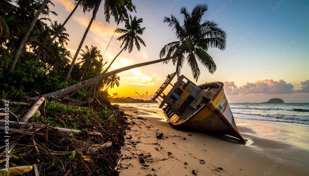Naklejka premium Tropical Beach Sunset with Abandoned Boat and Palm Trees.