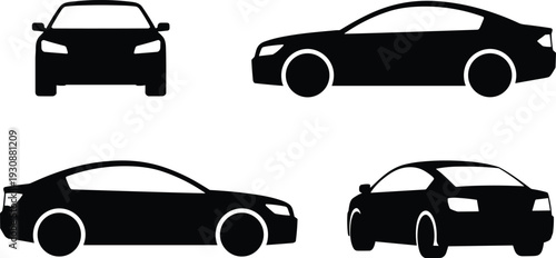 Modern sedan car silhouette collection with front, side and perspective views isolated on white automotive vector set