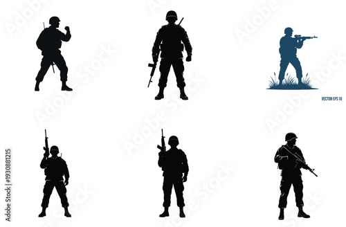 Soldier Silhouettes in Various Poses Vector Illustration