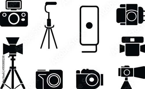 Photography and videography equipment silhouette icon set including camera, tripod, studio light and smartphone isolated vector collection