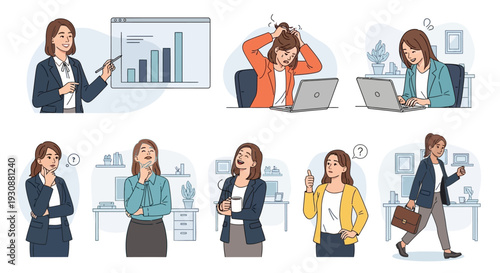 A collection of illustrations depicting a businesswoman in various work-related scenarios and emotional states.