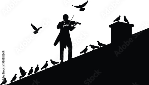 Silhouette violinist playing on rooftop with pigeons, artistic urban scene, music harmony, cultural heritage, birds in flight illustration