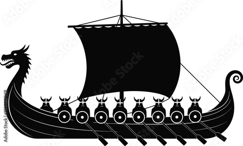 Viking longship silhouette with dragon prow, warriors rowing with shields, maritime heritage, Norse culture, historic seafaring vessel illustration artwork