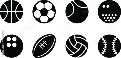Sports ball icon collection including basketball, soccer, tennis, bowling, rugby, volleyball and baseball silhouettes isolated on white