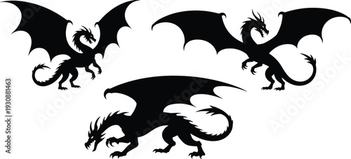 Winged dragon silhouette set with powerful fantasy mythical creatures in flying and attacking poses isolated vector illustration