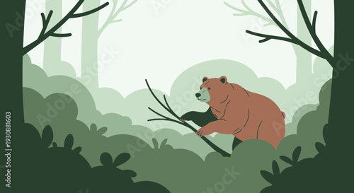 Majestic Bear Wandering Through A Lush Forest Canopy In An Abstract Style